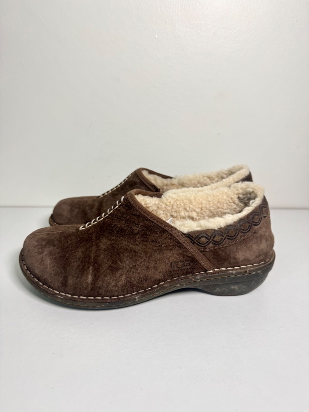 UGG Australia Bettey Brown Suede Shearling Fur Lined Clogs Mules | Size 7